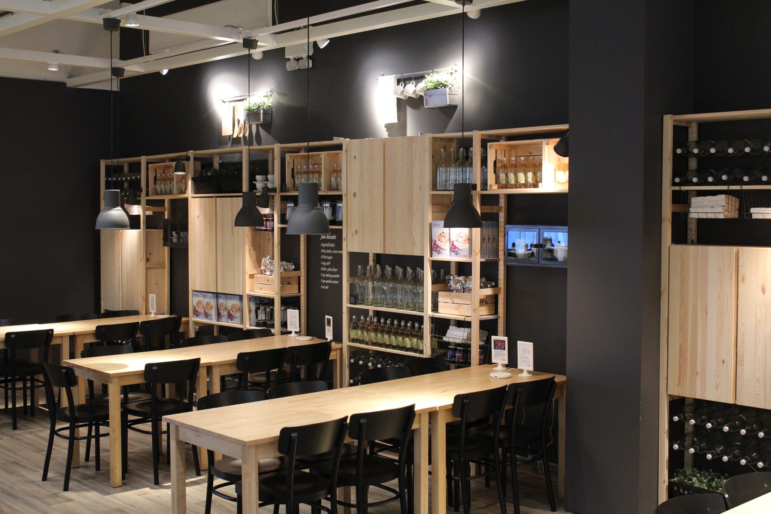 IKEA cafeteria fit out with bespoke timber tables and shelving